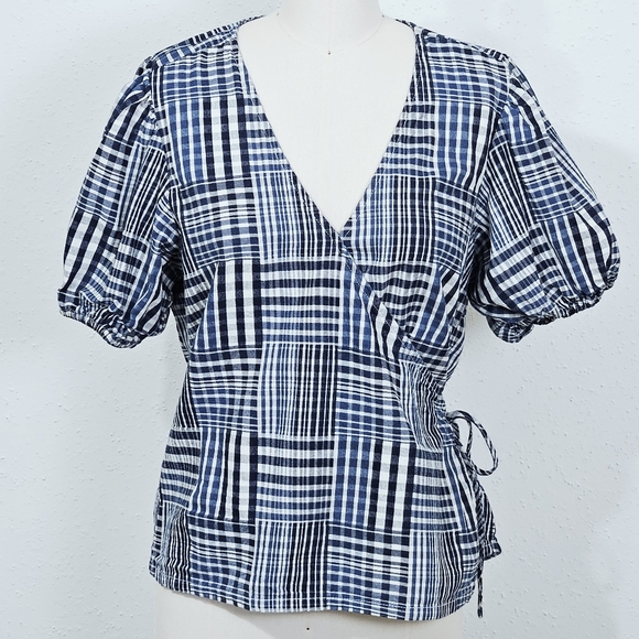 J. Crew Puff Sleeve Wrap Top Patchwork Indigo Blue Cotton Medium - Picture 3 of 10